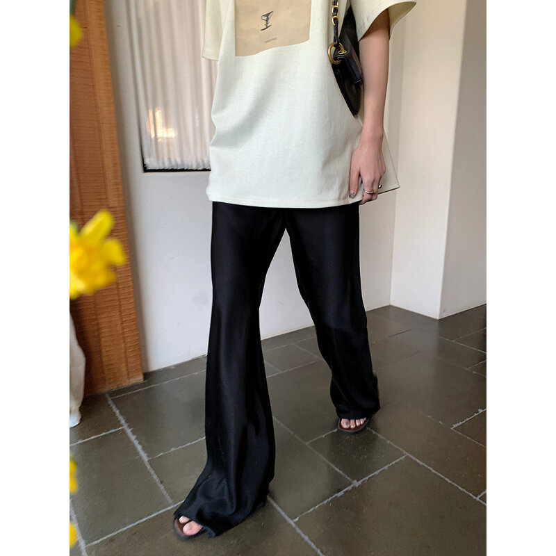 Pantalones de pierna ancha de satén para mujer, pantalones casuales de piso largo, Verano