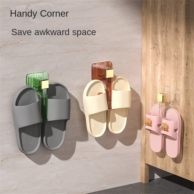 Punch-free banheiro chinelo gancho, economia de espaço, montado na parede, anti-derrapante, Design de duas posições de cartão