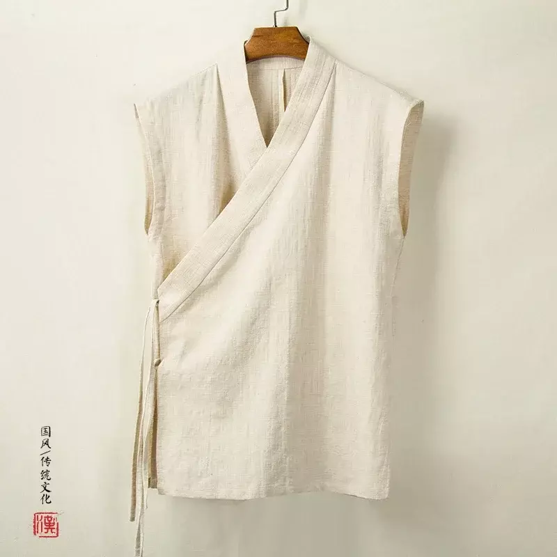 Pakaian Tradisional Cina Rompi Hanfu Atasan Tanpa Lengan Katun Linen Pria Setelan Tang Kimono Kardigan Atasan Celah Pria
