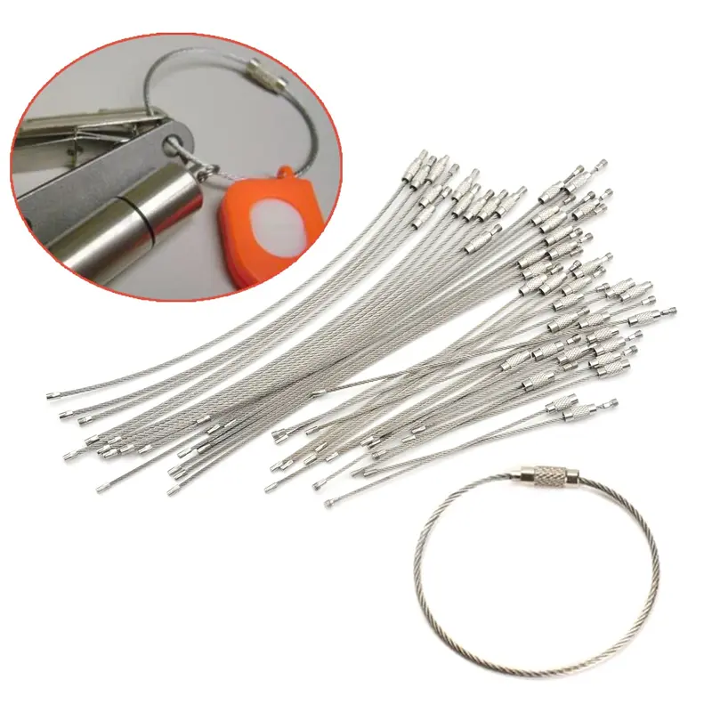 10pcs /bag EDC Hang Wire Chain Screw Luggage Rope Keyring Loop Circle Bushcraft Kit Lock Gadget Ring Keychain Tool Cable Key