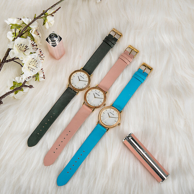 BOBO BIRD Fashion Leather Strap Women's Watches Wood Quartz Wristwatch Ladies Timepieces Anniversary Gift For Her Reloj Mujer