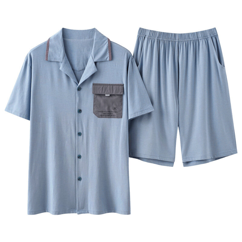 Novo homem respirável fino modal pijamas grande relaxado verão shorts de manga curta legal elástico médio e juventude homewear botão