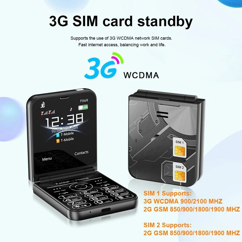 Новый высококачественный сотовый телефон 2024 с сервоприводом Flilo9 3G WCDMA, складной, 2 SIM-карты, скоростной циферблат, черный список, Type-C, флип-дисплей 2,6 дюйма