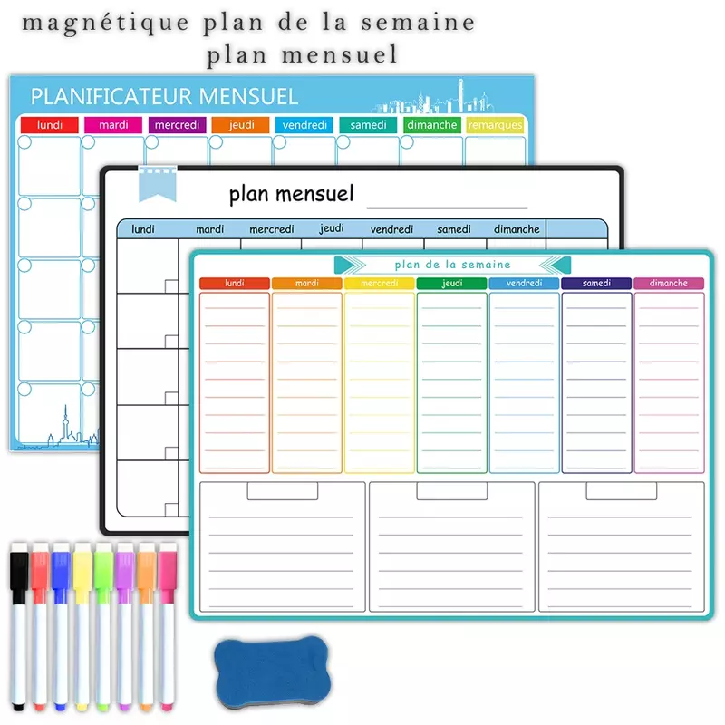 A3 perencana mingguan & bulanan dengan bahasa Spanyol, Prancis, Inggris. Penghapus kering magnetik papan tulis kulkas stiker kalender papan buletin
