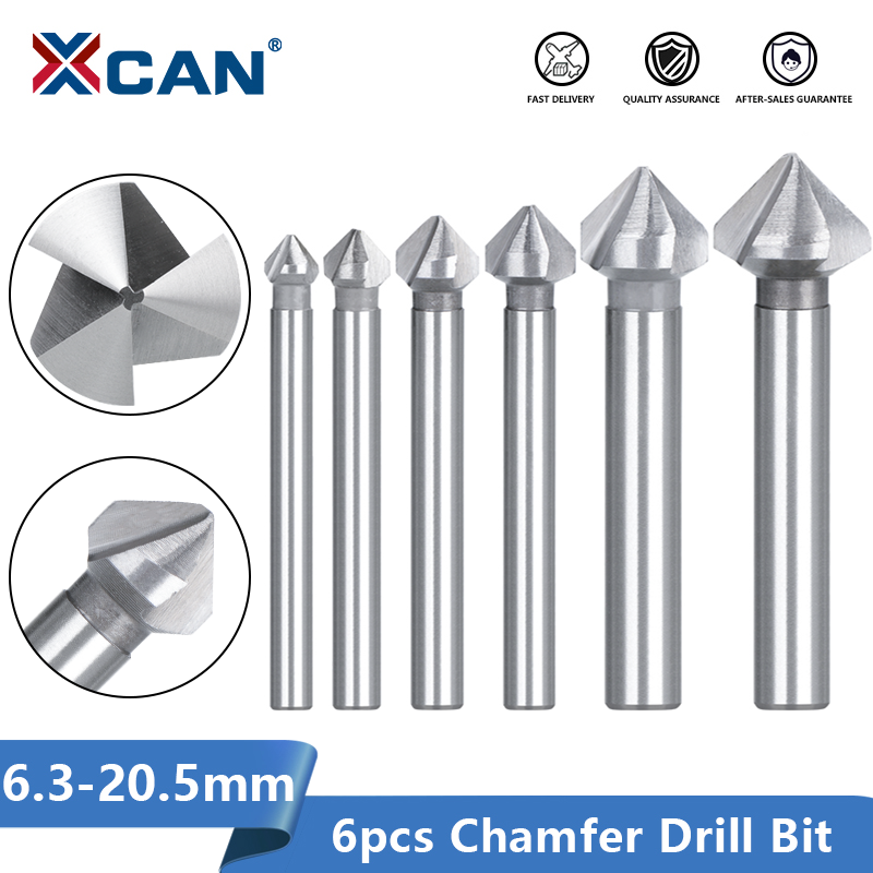 XCAN รอบ Shank 6Pcs 3ขลุ่ย90องศา HSS Chamfer Chamfering Cutter End Mill เครื่องมือเจาะชุด Bit 6.3-20.5มม.
