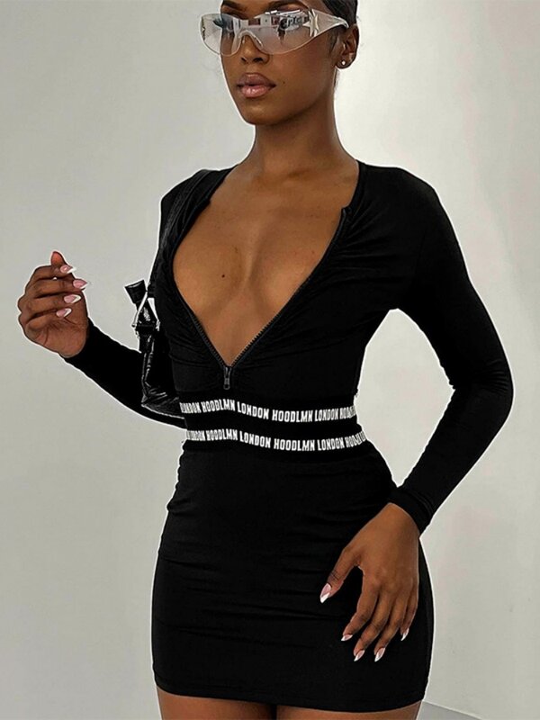 Schwarzes, figur betontes Kleid mit Damen brief druck, Langarm, Reiß verschluss, O-Ausschnitt, y2k-Kleidung, sexy Streetwear