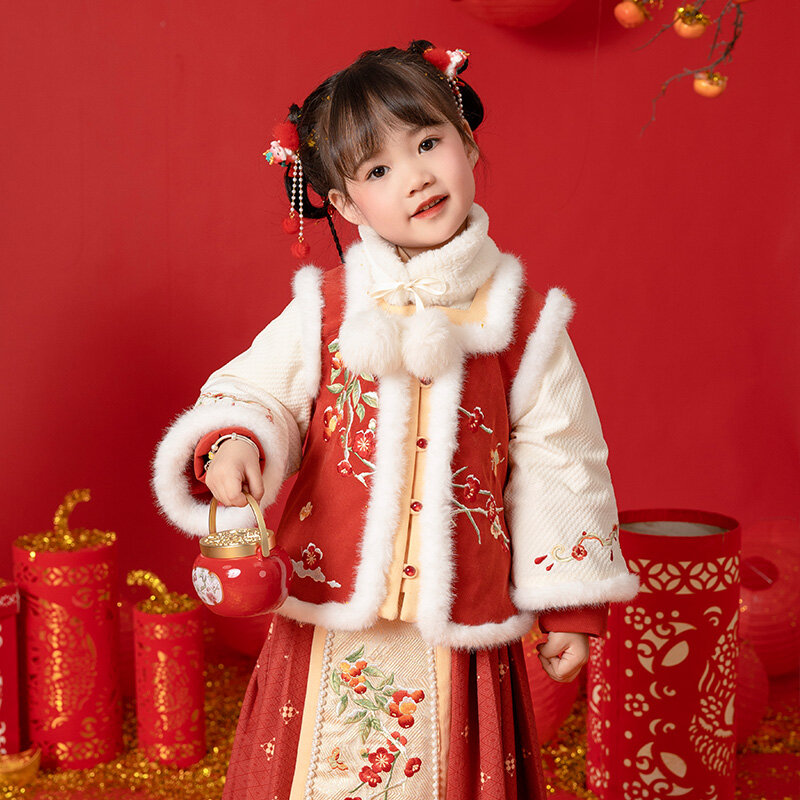 بدلة شتوية للفتيات من Hanfu ، تنورة وجه الحصان ، ملابس الأطفال للعام الجديد ، فستان طفل ، صنع الملابس ،