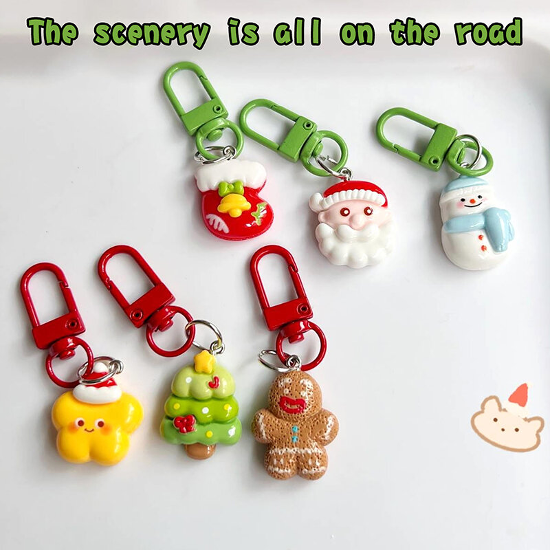 1pc Cute Christmas Key Chain Cartoon Gingerbread Man Santa Snowman XmasTree/Sock Key Ring Backpack Charms Bag Decor Doll Pendant