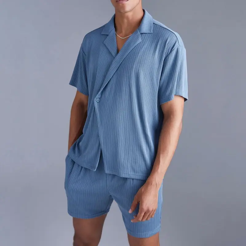2024 여름 패션 솔리드 투피스 세트, 캐주얼 루즈 라펠 반팔 셔츠 및 포켓 반바지 정장, 남성 운동복