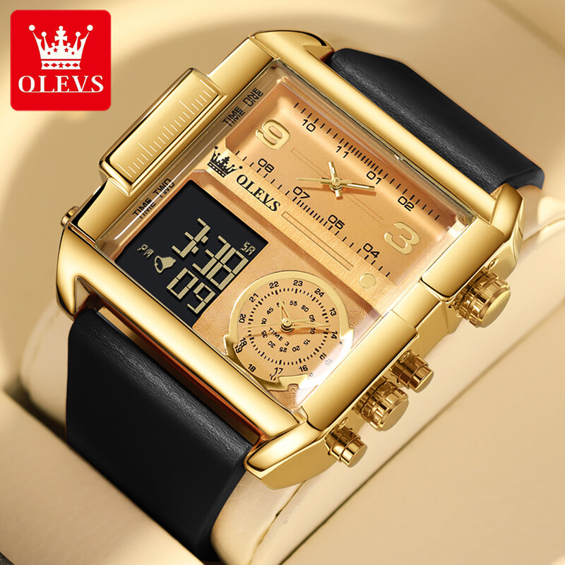 OLEVS 브랜드 패션 쓰리타임 디자인 쿼츠 시계 남성용, 가죽 스트랩, 방수 스포츠 LED 디지털 시계