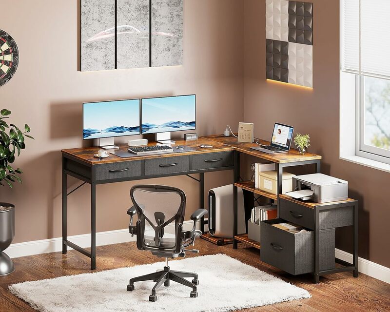 L Shaped Computer Desk with Fabric Drawers and File Cabinet, 61" Reversible Home Office Workstation Desk with Power Outlets & Ho