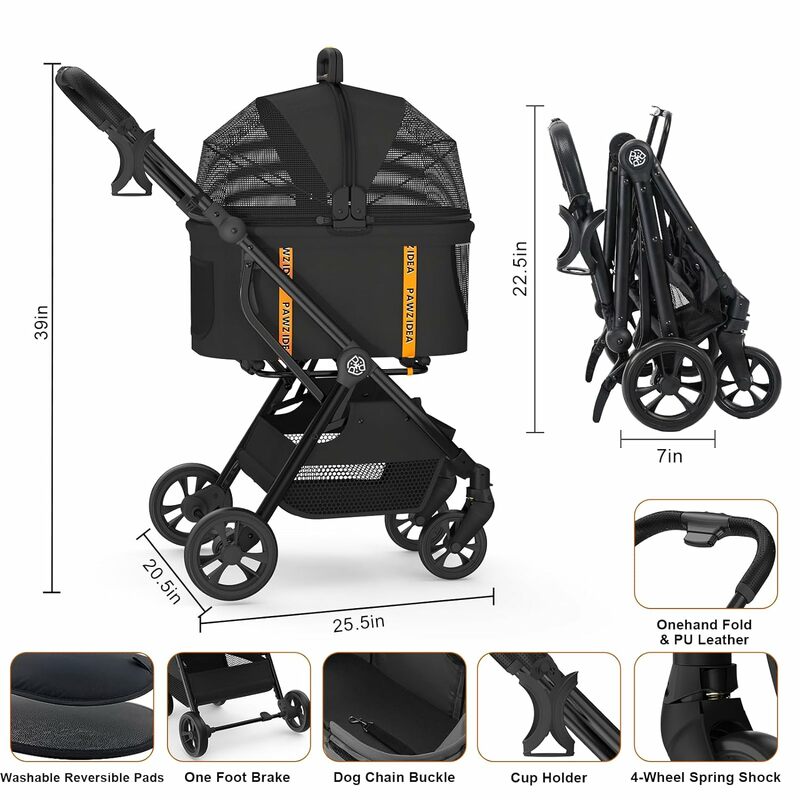PAWZIDEA Pet Stroller 4 in 1 Dog Strollers for Small/Medium Dogs/Cats with Detachable Carrier NO-Zip Canopy Seatbelt Puppy Car