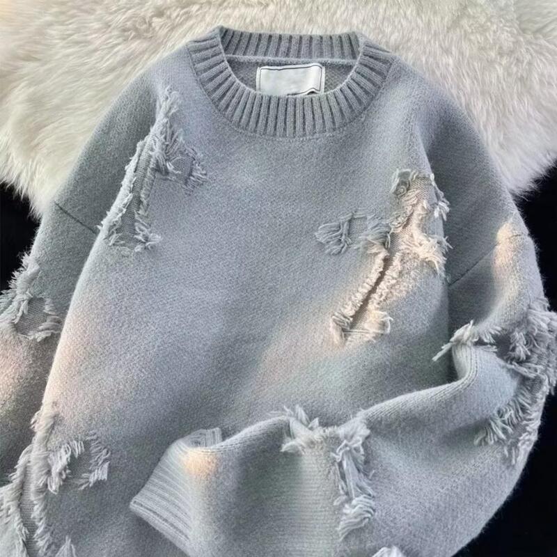 Luźny krój sweter męski Hip Hop sweter Streetwear podarty ciepły dziergany sweter z elastyczną luźny krój na jesienną zimę na co dzień