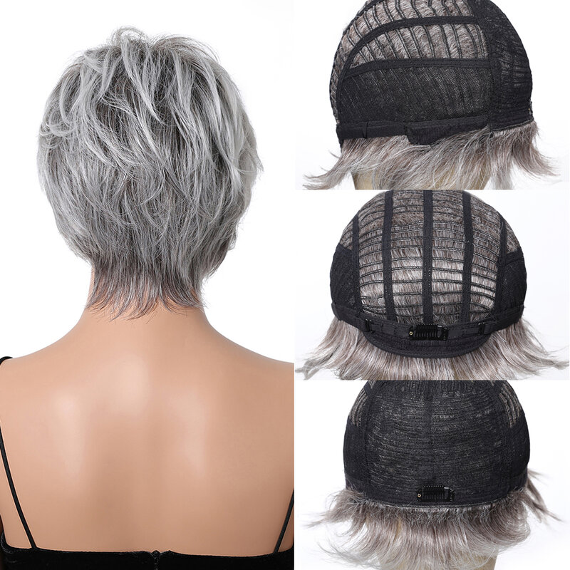 Wig rambut perak abu-abu berlapis pendek untuk wanita Wig campuran potongan Pixie rambut manusia Wig sintetis campuran berbulu alami suhu tinggi