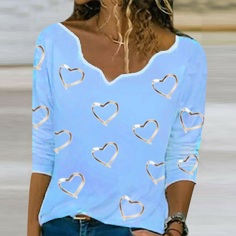 Blusa de manga larga con estampado de corazón para mujer, camiseta asimétrica elegante con cuello de corazón, jersey de otoño