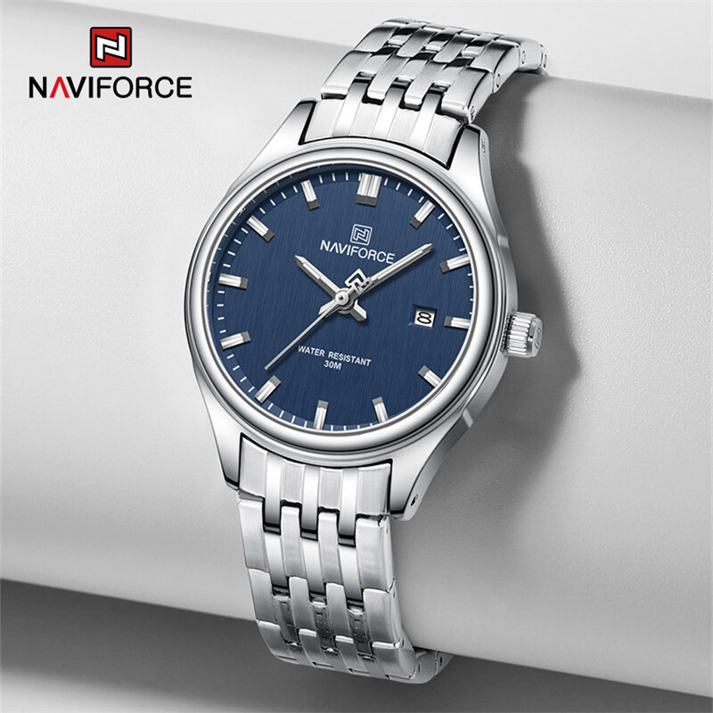 Naviforce นาฬิกาข้อมือใหม่เอี่ยมคู่รักกันน้ำสายสแตนเลสสตีลนาฬิกาข้อมือควอตซ์แฟชั่นชายหญิงนาฬิกาเรืองแสง
