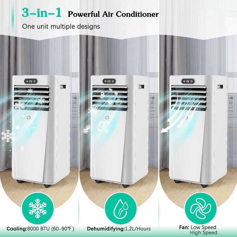 Tragbare Klimaanlage 8000 BTU mit Luftent feuchter, Lüfter, Kühlmodi, 3-in-1-Wechselstromgerät für Räume mit bis zu 350 m²/Fernbedienung
