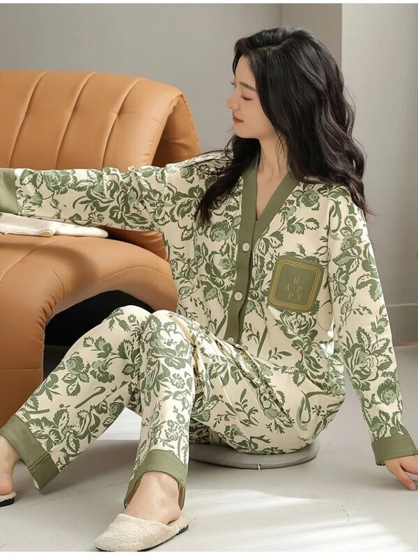 Print Dames Katoenen Nachtkleding Vintage Borst Pads Nachtkleding Lange Mouw Herfst Pyjama Sets Loungewear Set Koreaanse Broek Knoop