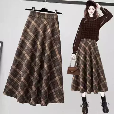 Falda de lana de estilo coreano para mujer, falda larga gruesa de cintura alta, plisada A cuadros, otoño e invierno, 2023
