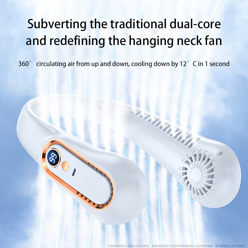 Portátil Mini Hanging Neck Fan, Bladesess Neckband Fan, Digital Display Power Air Cooler, USB recarregável ventiladores elétricos, 3000mA