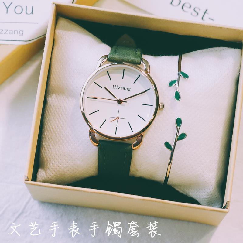 2022 Harajuku Watch Girls Student Korean Version Simple Dial with Bracelet Watch Set Leather Quartz Clock Birthday Gift