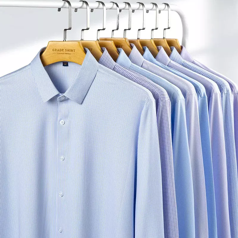 New Stretch Anti-Wrinkle Men's Shirts Long Sleeve Dress Shirts High Quality Men Slim Fit Social Business Blouse Striped Shirt