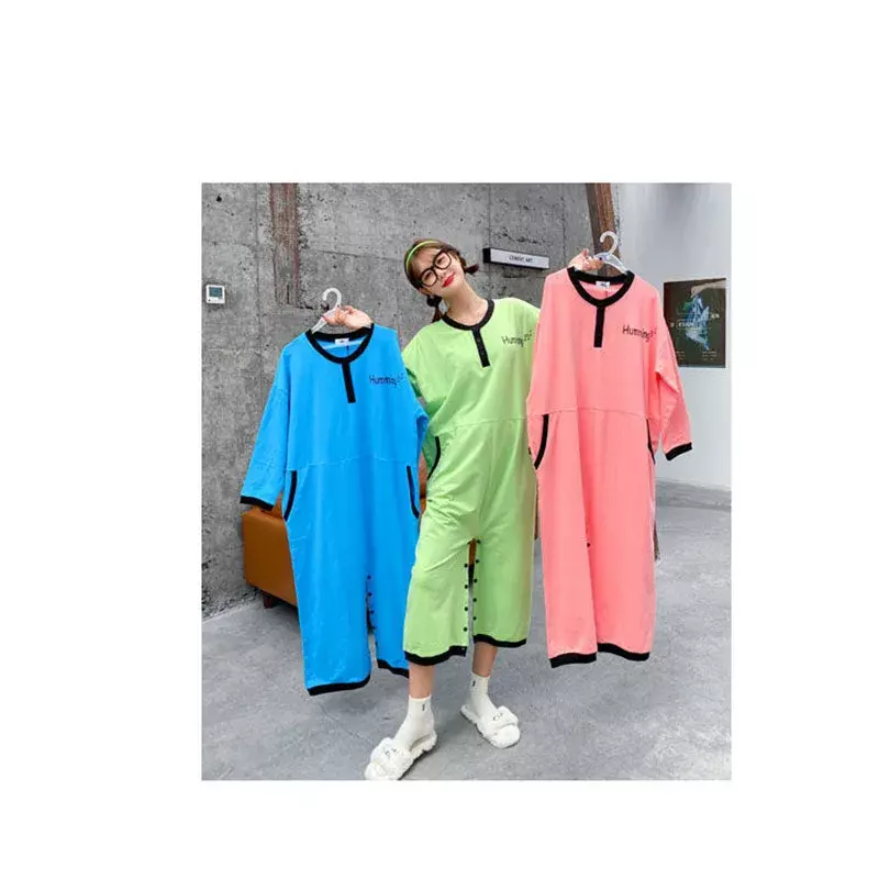 7011c-3-Pyjama d'été en pur coton à manches courtes pour femme, mignon, une pièce, peut être porté à l'extérieur, vêtements de maison