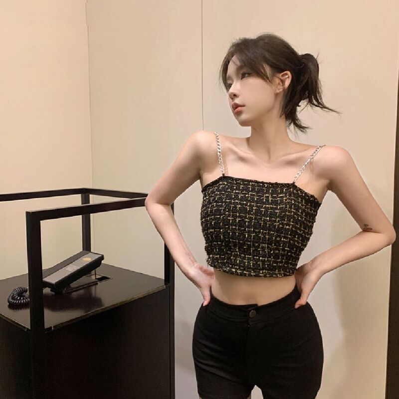 Spring Summer Camisole New Breathable With Chain Crop Top Solid Color Beach Party Sleeveless Tops