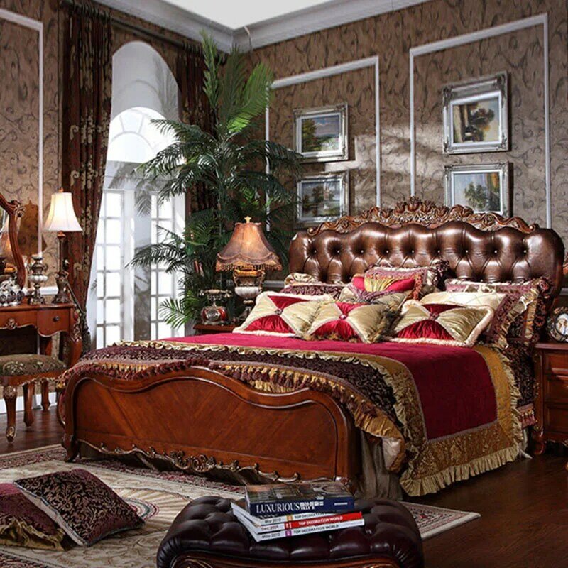 Cama de casamento em estilo europeu, forrado, madeira sólida, cama de casamento clássica, esculpida à americana
