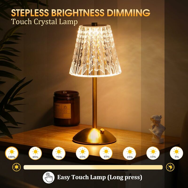 무선 터치 크리스탈 램프, 조도 조절 LED 램프, 충전식 빈티지 램프, 침실, 거실, 레스토랑, 야외용, 3 색