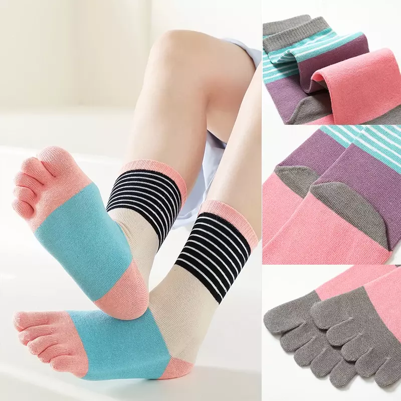 1 para kobiet bawełniana skarpety z pięcioma palcami kolorowe paski rozcięty palec u nogi skarpety sportowe skarpeta z wysokim noskiem w stylu kawaii Harajuku