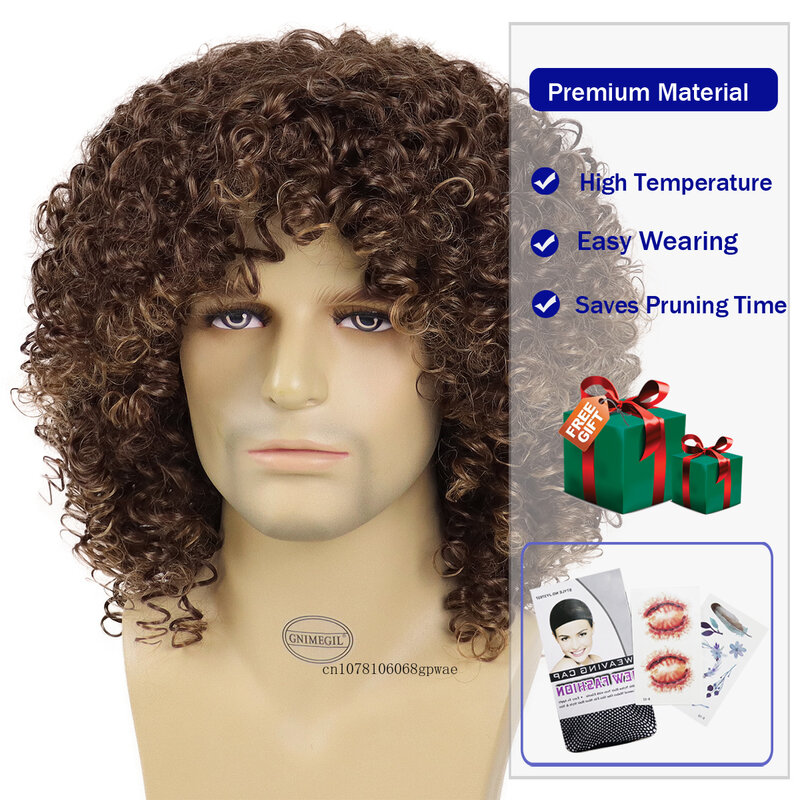 Afro Kinky Curly Wigs for Man Synthetic Brown Wig with Bangs Natural Fluffy Elastic High Temperature Afro Wigs Men Daily Cosplay