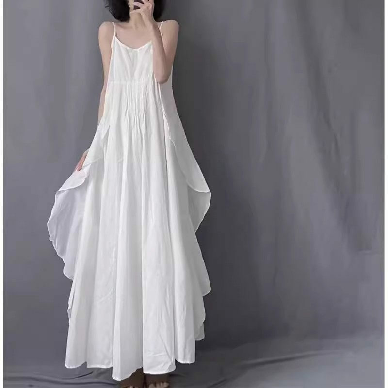 Design Kunst Retro unregelmäßigen Hosenträger Kleid für Frauen Sommer Mode neues Temperament ärmellose Urlaub langes Kleid k873