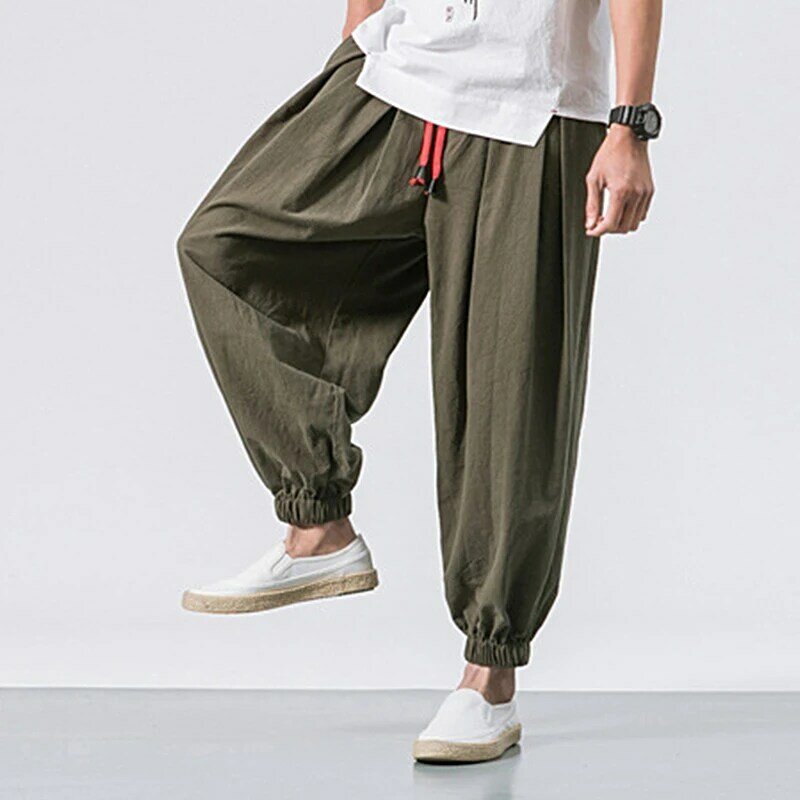 Calça masculina cortada de algodão e linho, calça casual solta para praia, perna larga rabanete, calça japonesa de corrida de rua 1pc