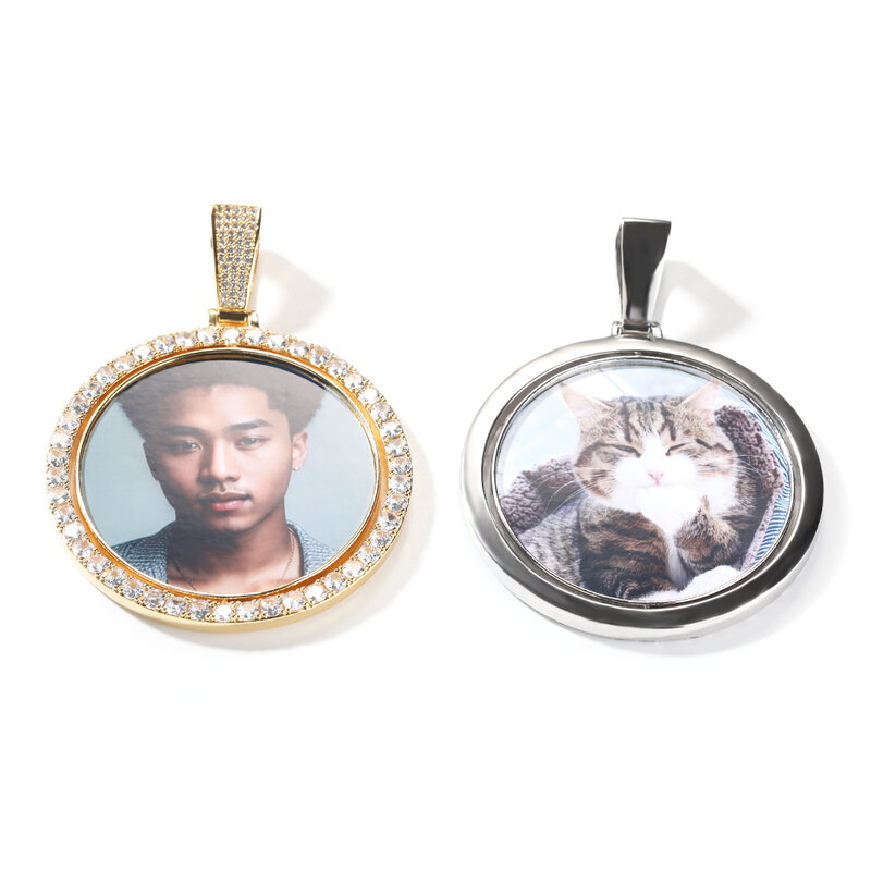 THE BLING KING Custom Oversize Round Spin Photo Memory Pendant DIY Two Pic Medallions Necklace Hiphop Jewelry For Family Gift