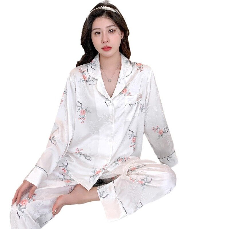 Pijama feminino de seda gelada de mangas compridas, roupa de casa estampada de alta qualidade, fina, verão, primavera, outono
