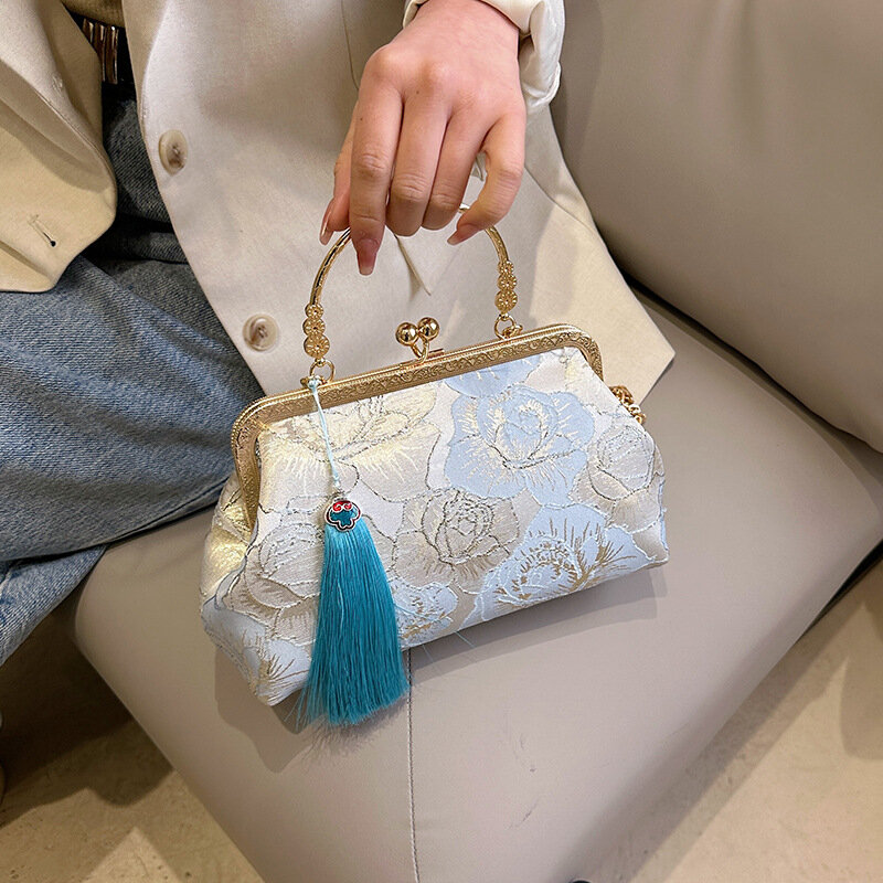 Retro Ethnic Style Evening Bags Chinese Style Print Tassel Metal Handle Handbags For Women Party Clutches Chain Shoulder Bag