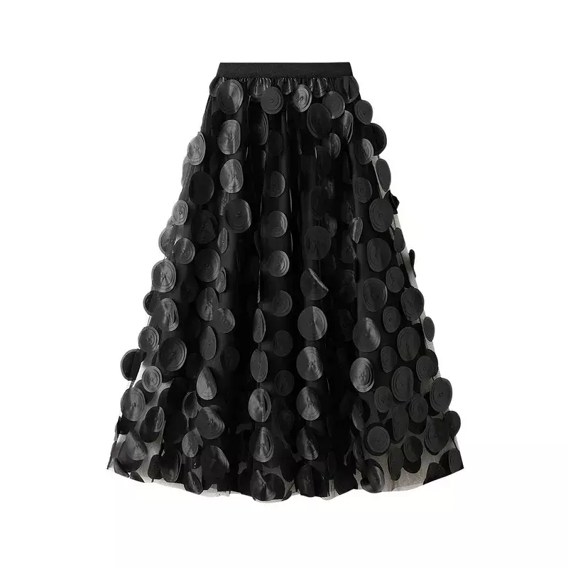 Media falda de malla negra con lunares 3d para mujer, vestido de sombrilla de longitud media, vestido de corte en a coreano, vestido de fiesta 2024