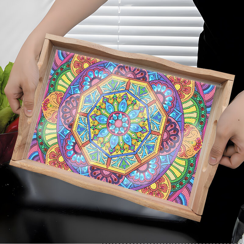 New Mandala Diamond Painting Dining Plate Wooden DIY Diamond Embroidered Kitchen Utensils Food End Plate Set Handmade Mosaic