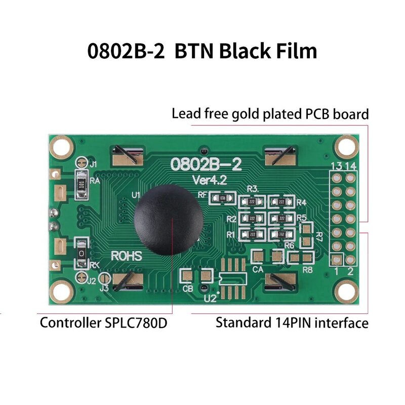 Módulo de Tela LCD, LCM0802B-2, BTN filme preto, fonte laranja, SPLC780D, 14Pin, Fabricante