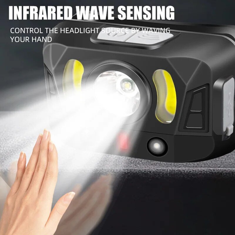 Mini faro LED recargable por USB, linterna de cabeza con Sensor de onda para exteriores, Camping, senderismo, peces de emergencia
