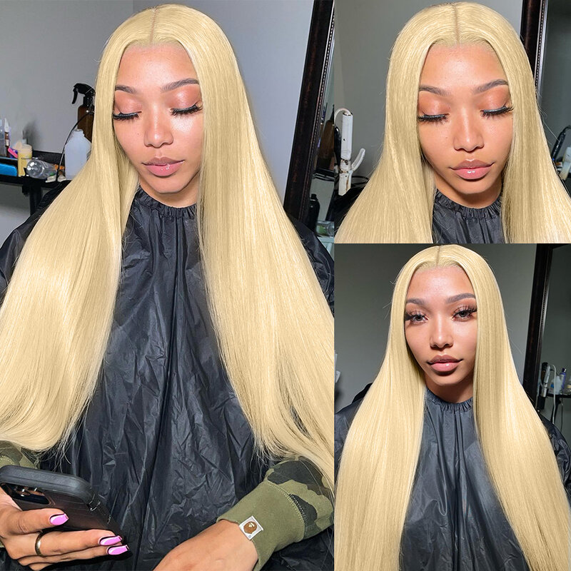 Perruque Lace Front Wig 613 naturelle brésilienne lisse-Sophia, cheveux humains, blond, 13x6, HD, transparent