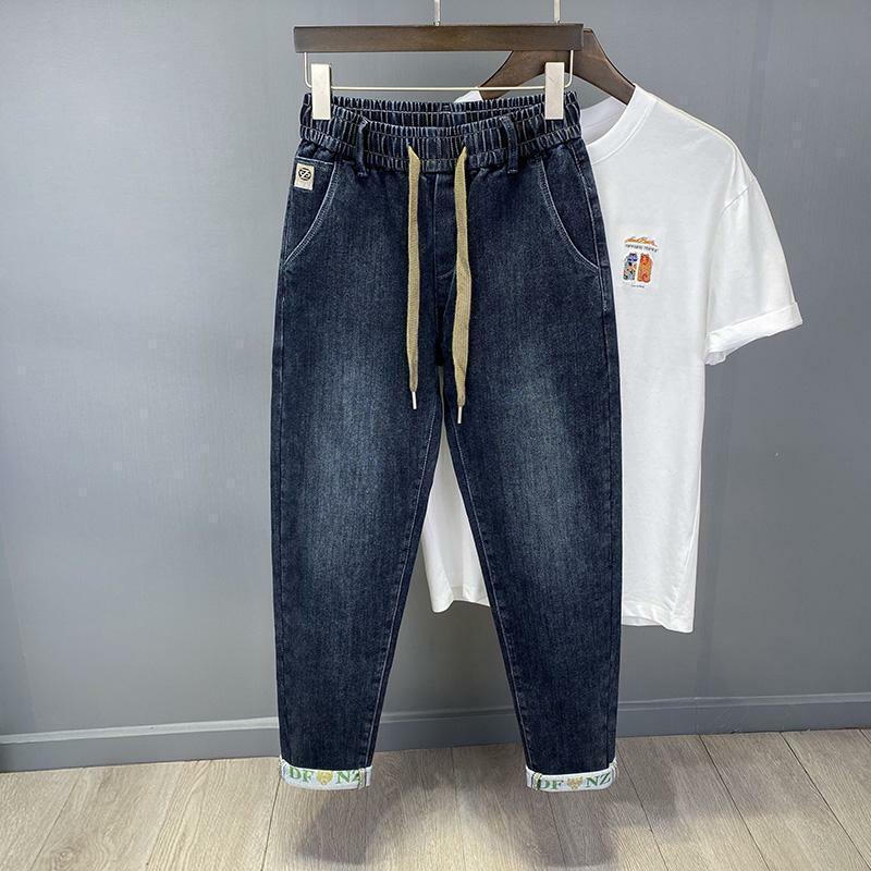 Harajuku Fashion Men's Printed Cargo Vintage Harem Pants Elastic Waistband Baggy Jeans for Casual Spring and Autumn Denim Pants