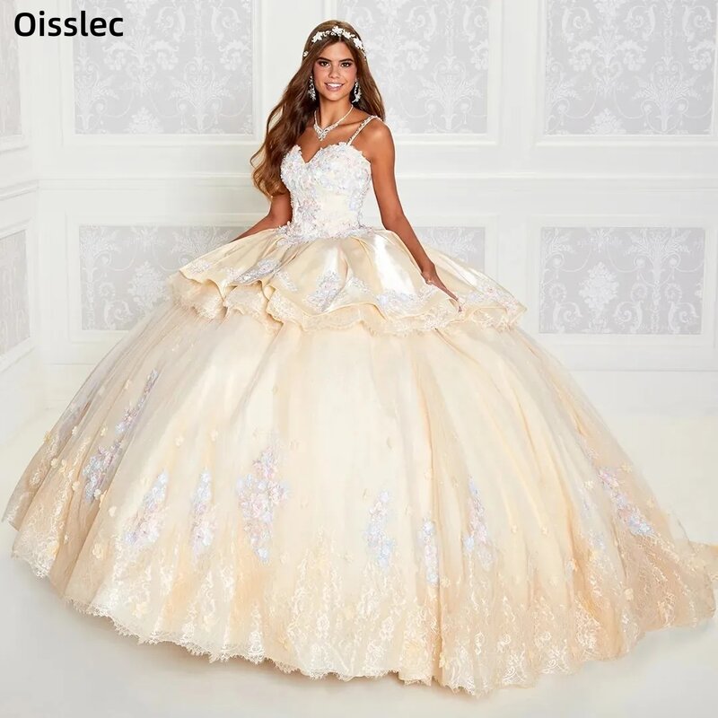 Puffy Quinceanera Dresses Spaghetti Straps Appliques Ball Gowns Sweetheart Satin Lace Prom Gown Sweet 16 Vestidos de 15 Años