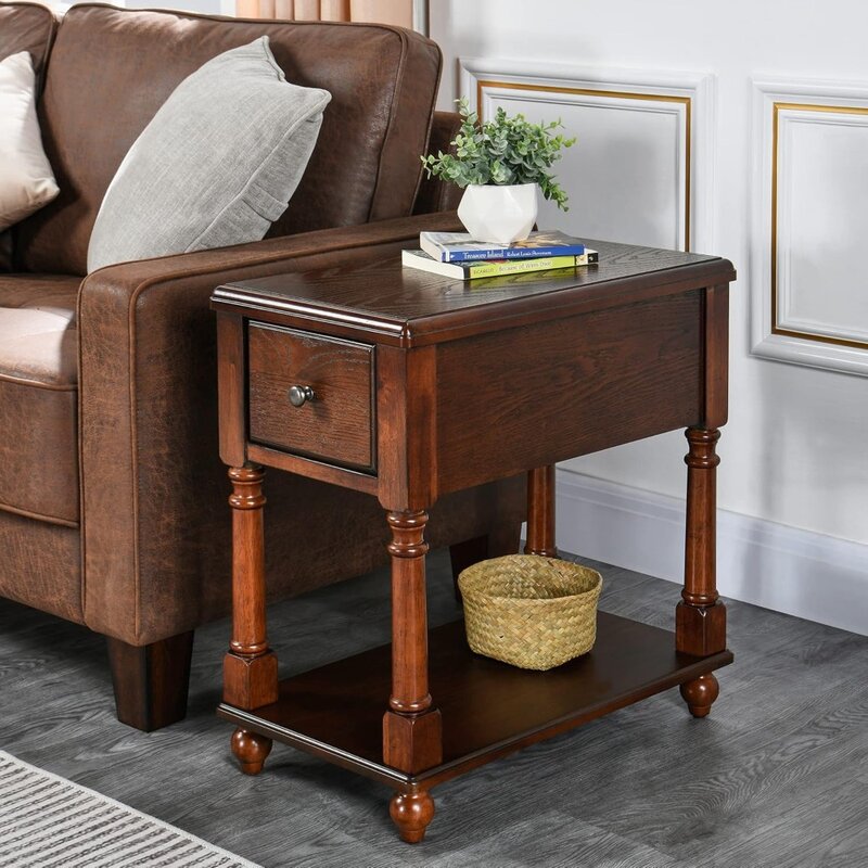Narrow End Table with Drawer and Storage Shelf Solid Wood Sofa Side Table Slim Beside Table Telephone for Small Spaces