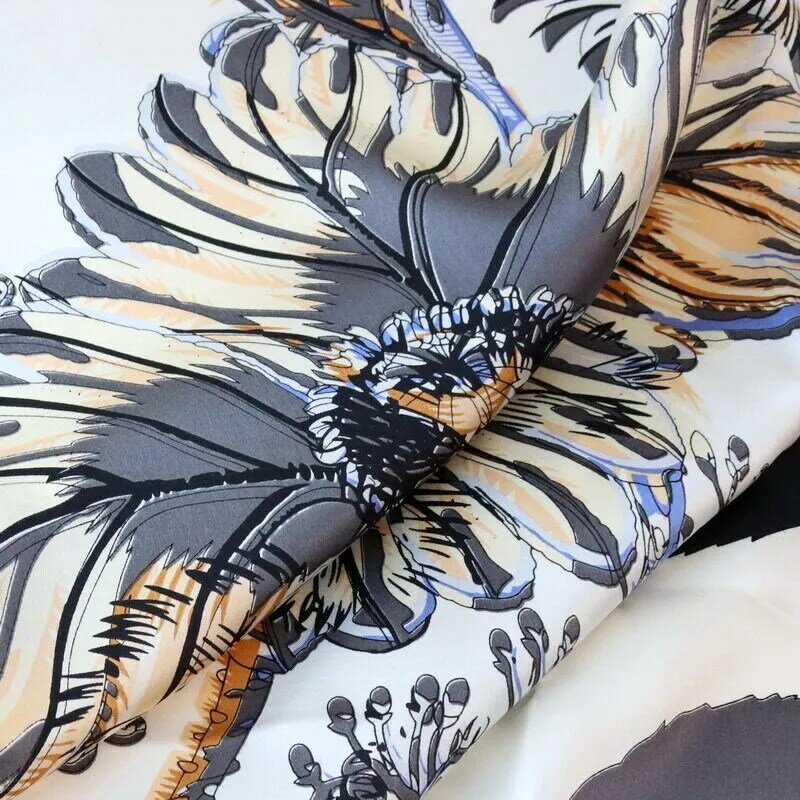 High-end Elegant Female Exquisite Flower Ripple Leopard Print Quality Plain Satin Silk Hand-rolled Edge Large Square Scarf Shawl