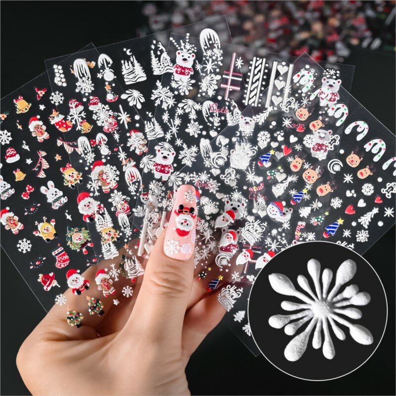2023 Newest Christmas Nail Art Stickers 5D Embossed Snowflakes Cartoon Elk Santa Claus Pattern Slider Manicure Decoration Decals