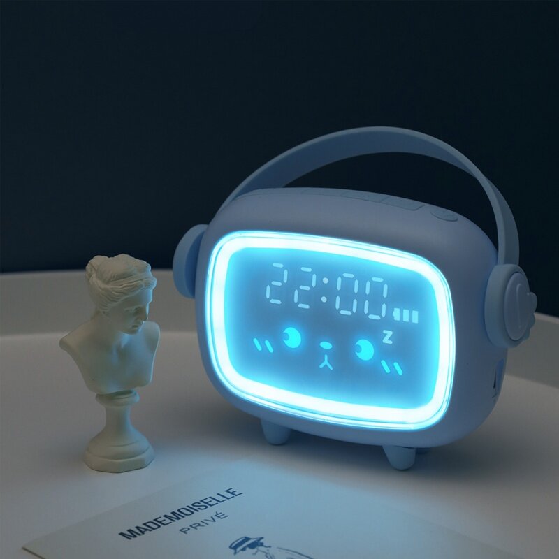 Tempo criativo anjo relógio despertador, desenho animado do estudante, USB, Multi funções, treinamento do sono, música, lâmpada pequena da noite