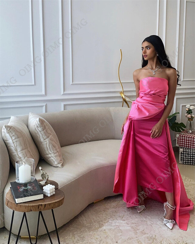 Long Pink Satin Formal Night Prom Dresses Elegant A Line Strapless Sleeveless Arabic Evening Gowns Formal Party Dress