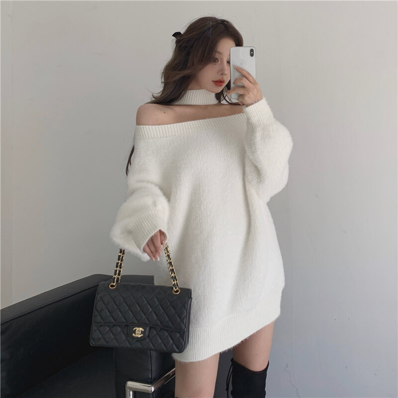 Koreańskie dzianinowe swetry damskie luźne miękkie ciepłe sweter i pulowery damskie bluzy off shoulder tops (R99455